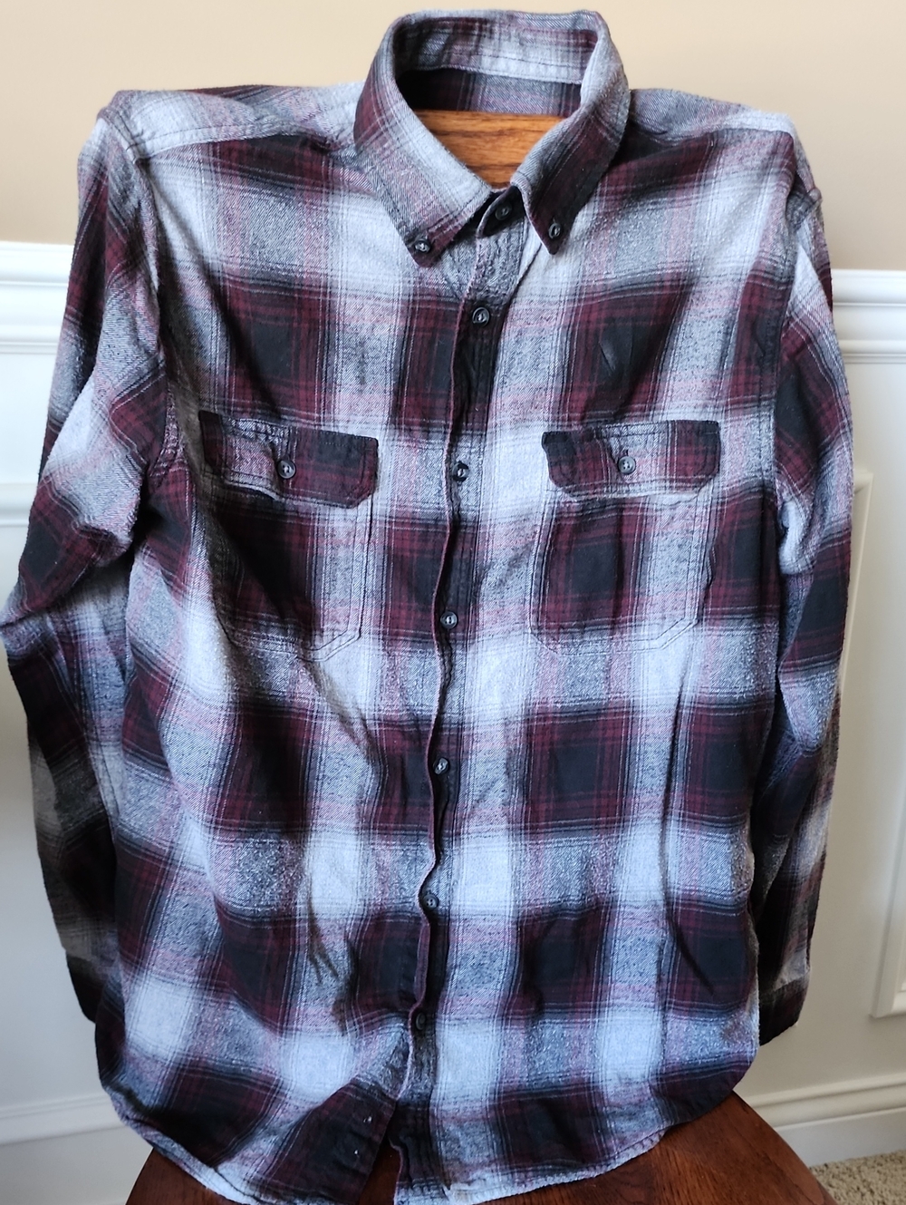 George Men's Black & White Burgundy Plaid Flannel Shirt  Men's Size Large
